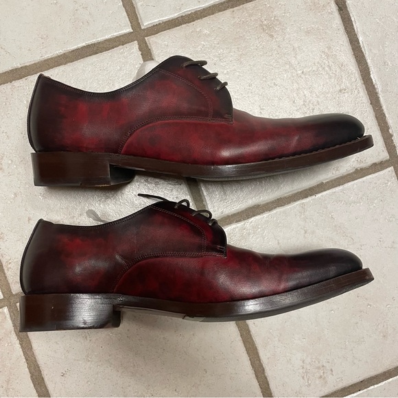Handmade Premium Leather Oxfords Dress Shoes Pointed Toe Burgundy Tie-dye Effect - Picture 2 of 12